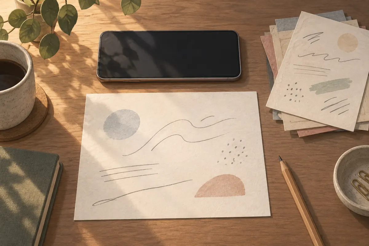 Ilustracja telefonu skanującego papierowe notatki na równomiernie oświetlonym biurku