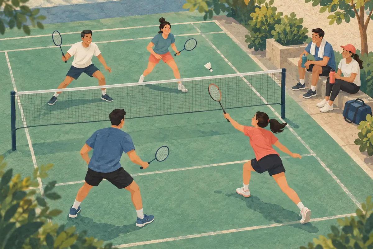 Ilustracja sześciu znajomych podczas turnieju badmintona: cztery osoby grają, a dwie odpoczywają obok kortu.